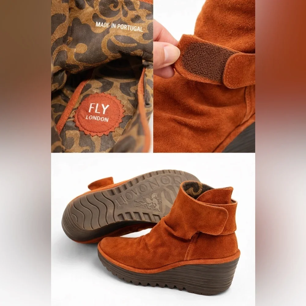 Fly London Rust Suede Wedge Boots